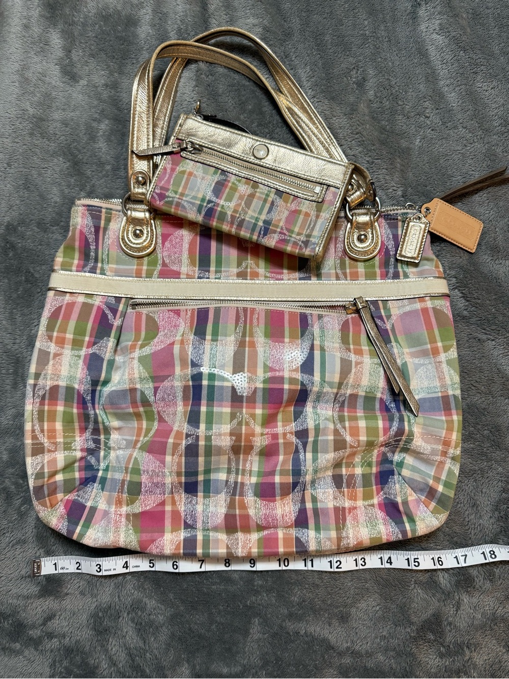 Coach Multicolor Plaid Tote with Metallic Gold Accents